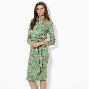 Ralph Lauren petite size 2P green and pink paisley print buttoned side tie dress